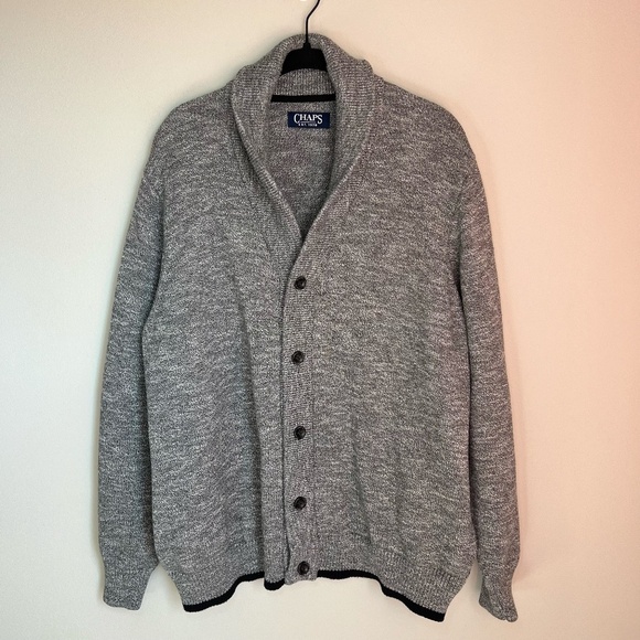 Chaps Mens Shawl Collar Cardigan Sweater Gray Cotton Patch Elbows Button Up  XXL - Picture 1 of 16